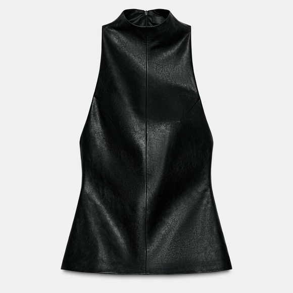 NWT Zara Black Sleeveless mock neck Faux Leather Zip back Top - size Large - Picture 1 of 12
